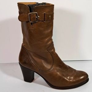 Frye Fiona Stitch Leather Midcalf Boots Buckle Design SZ 7B